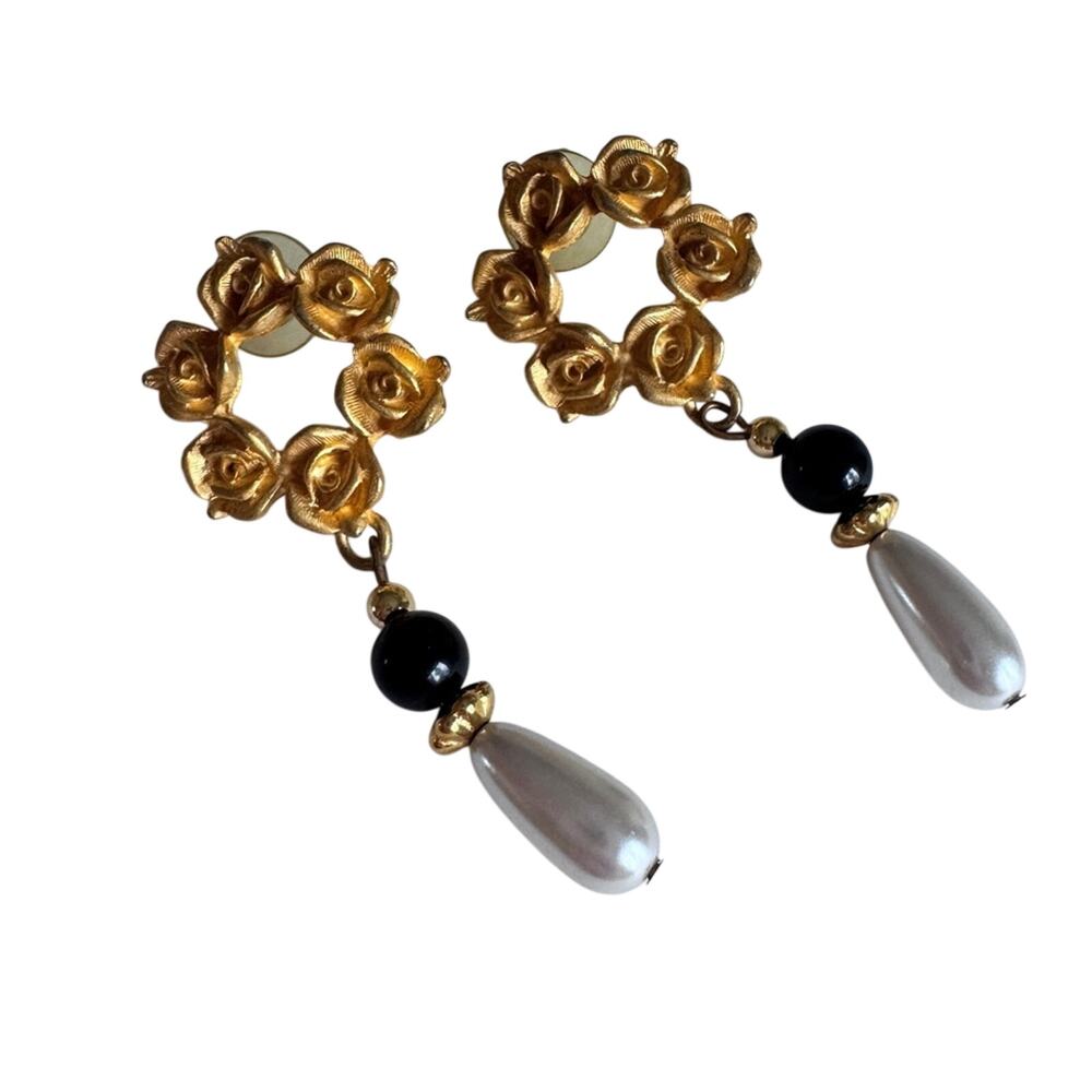 Vintage Gold Tone Rose Black White Drop Earrings Womens Jewelry 80s